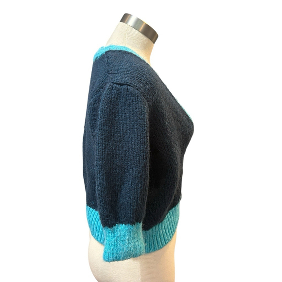 Zara Womens Cardigan Sweat Chunky Knit Short Sleeve Colorblock Blue Sz. M - Picture 5 of 10